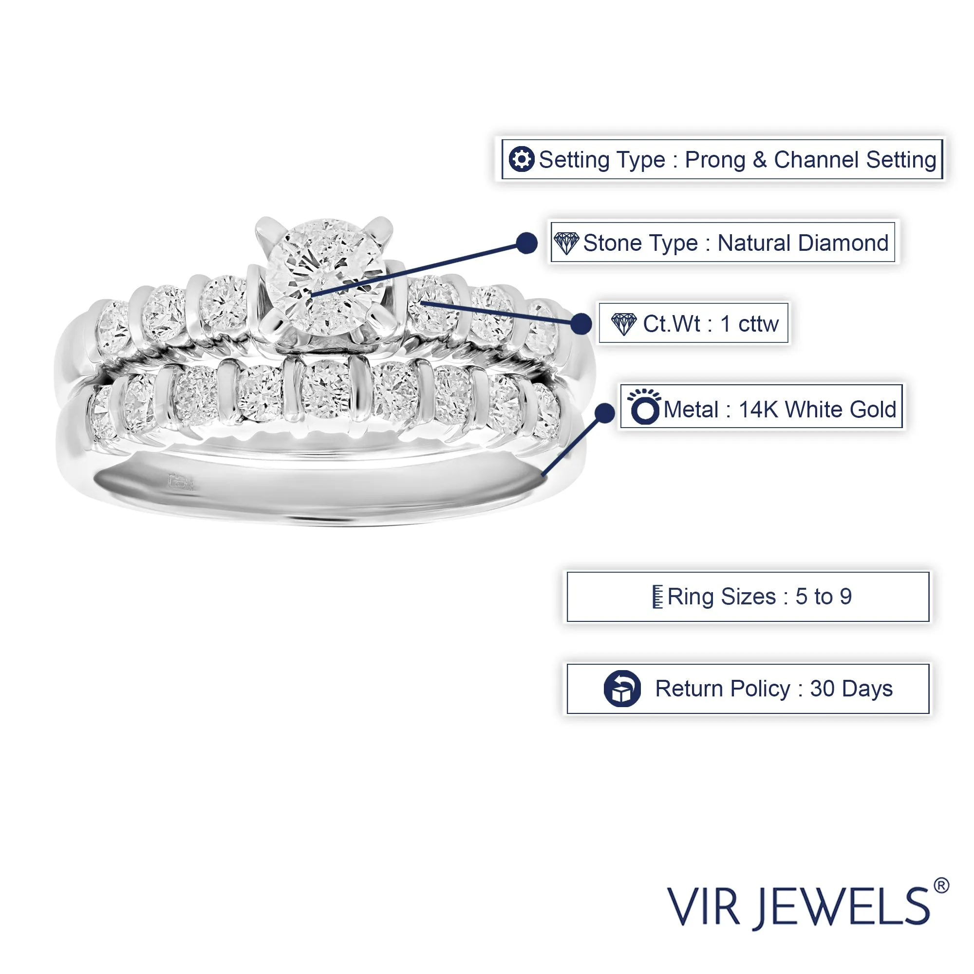 1 cttw Diamond Wedding Bridal Ring Set in 14K White Gold