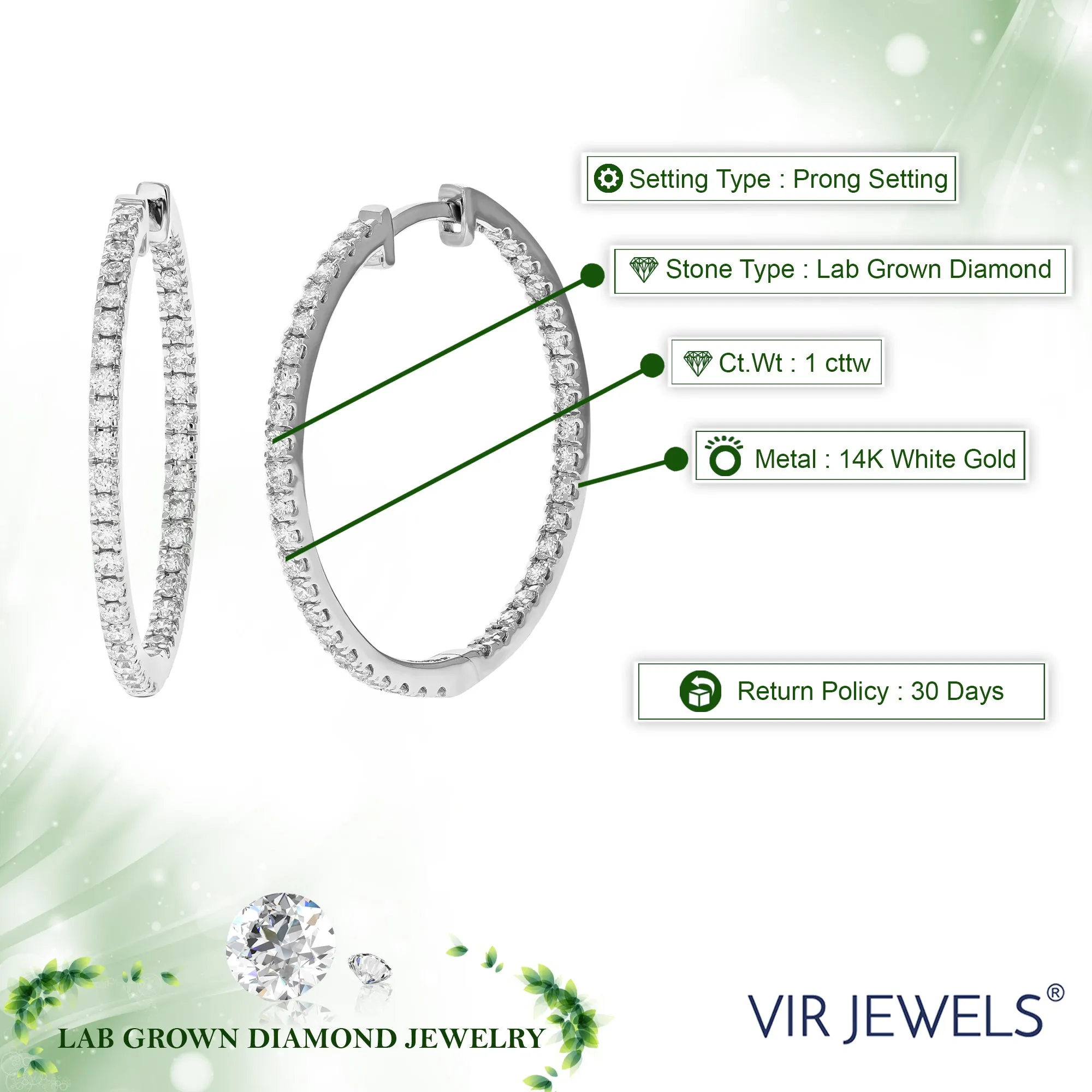 1 cttw Lab Grown Diamond Eternity Hoop Earring 14K White Gold