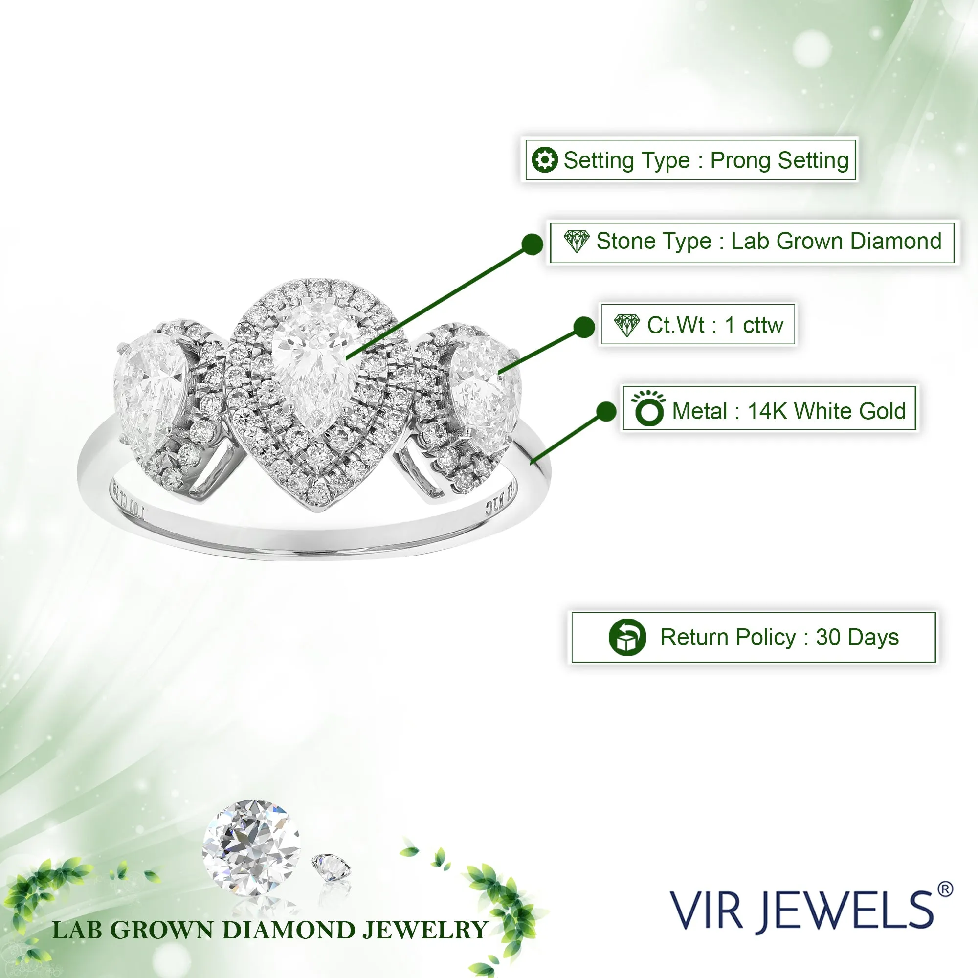 1 cttw Lab Grown Pear 3 Diamond Engagement Rings 14K White Gold