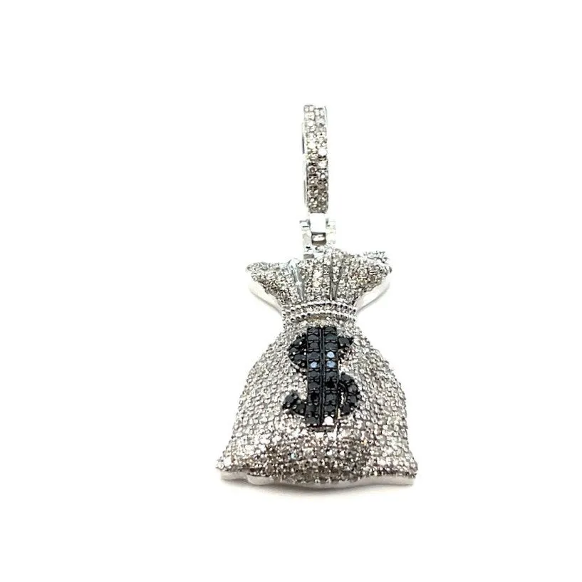 10k White Gold Money Bag Black $ Sign Pendant 1.59ct of Natural Diamonds - SP14911C