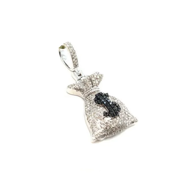 10k White Gold Money Bag Black $ Sign Pendant 1.59ct of Natural Diamonds - SP14911C