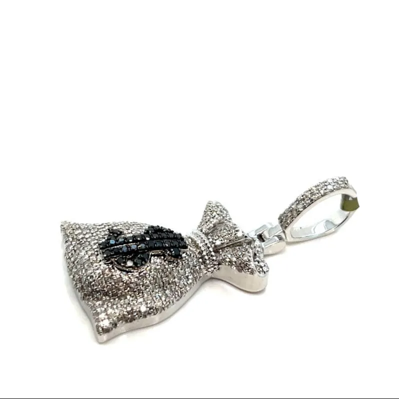 10k White Gold Money Bag Black $ Sign Pendant 1.59ct of Natural Diamonds - SP14911C