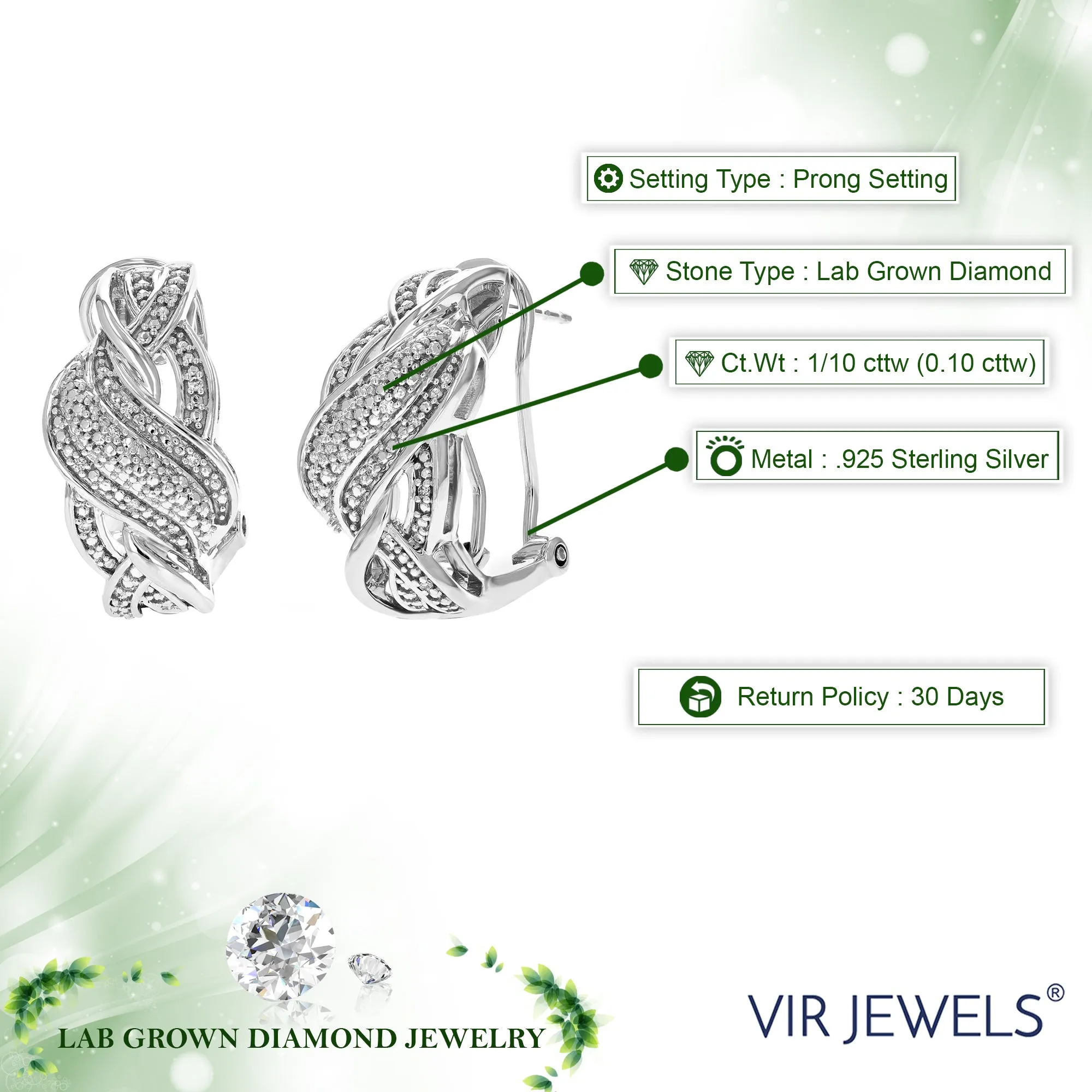 1/10 cttw Lab Grown Diamond Curve Hoop Earrings in Sterling Silver