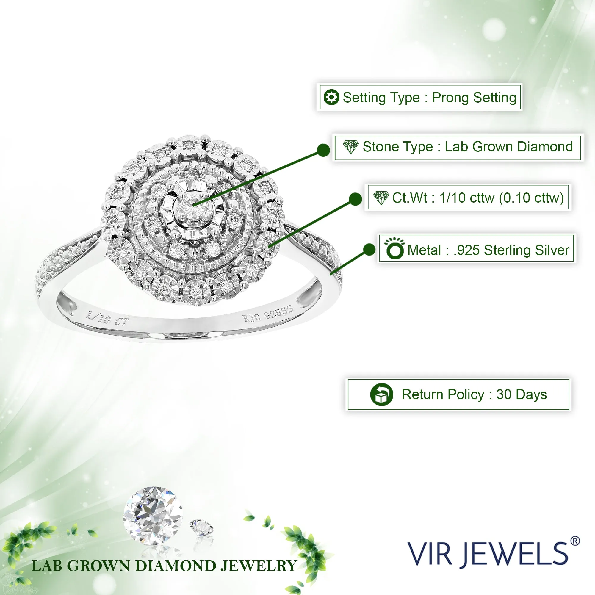 1/10 cttw Lab Grown Diamond Engagement Floral Ring Sterling Silver