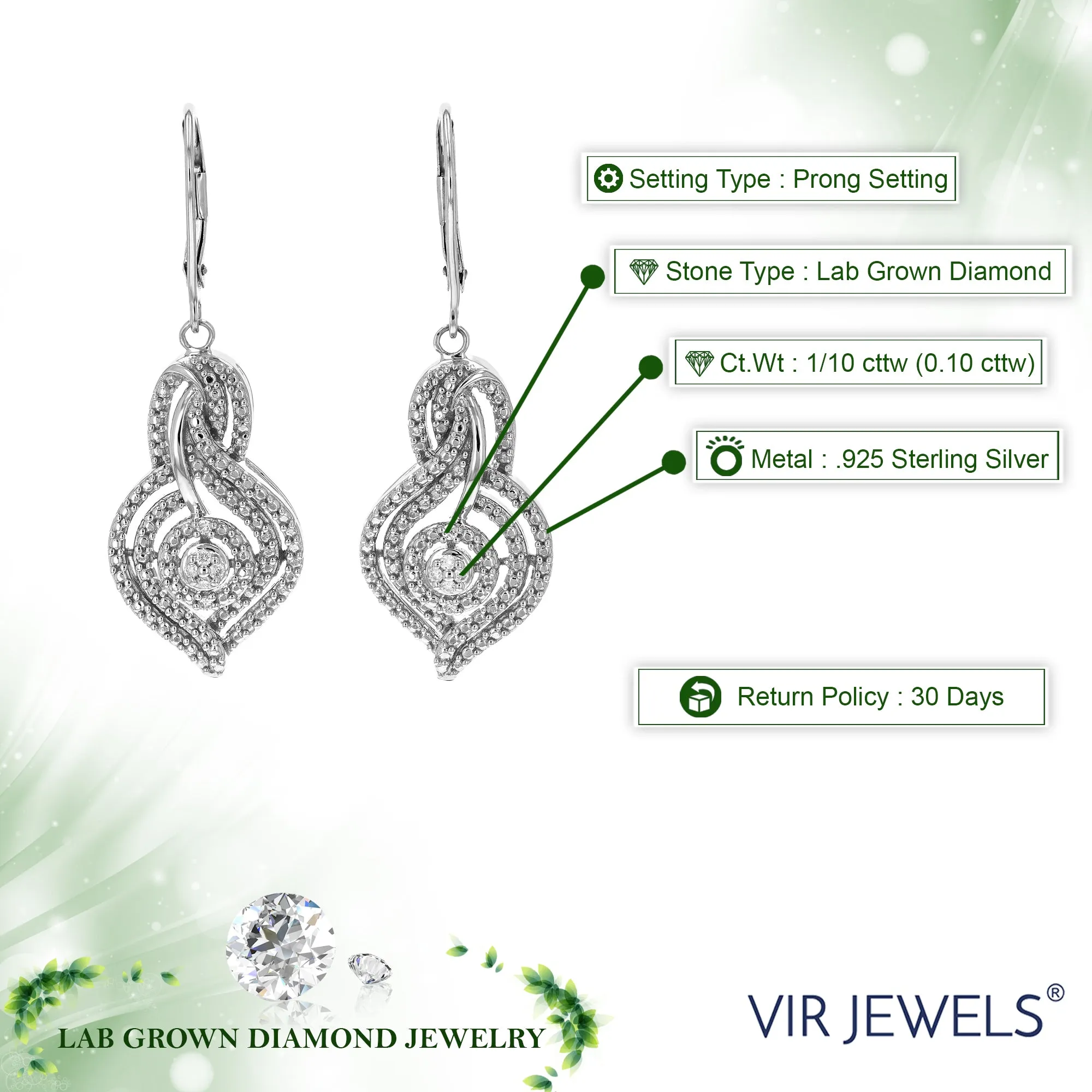 1/10 cttw Lab Grown Diamond Swirl Dangle Earrings in .925 Silver