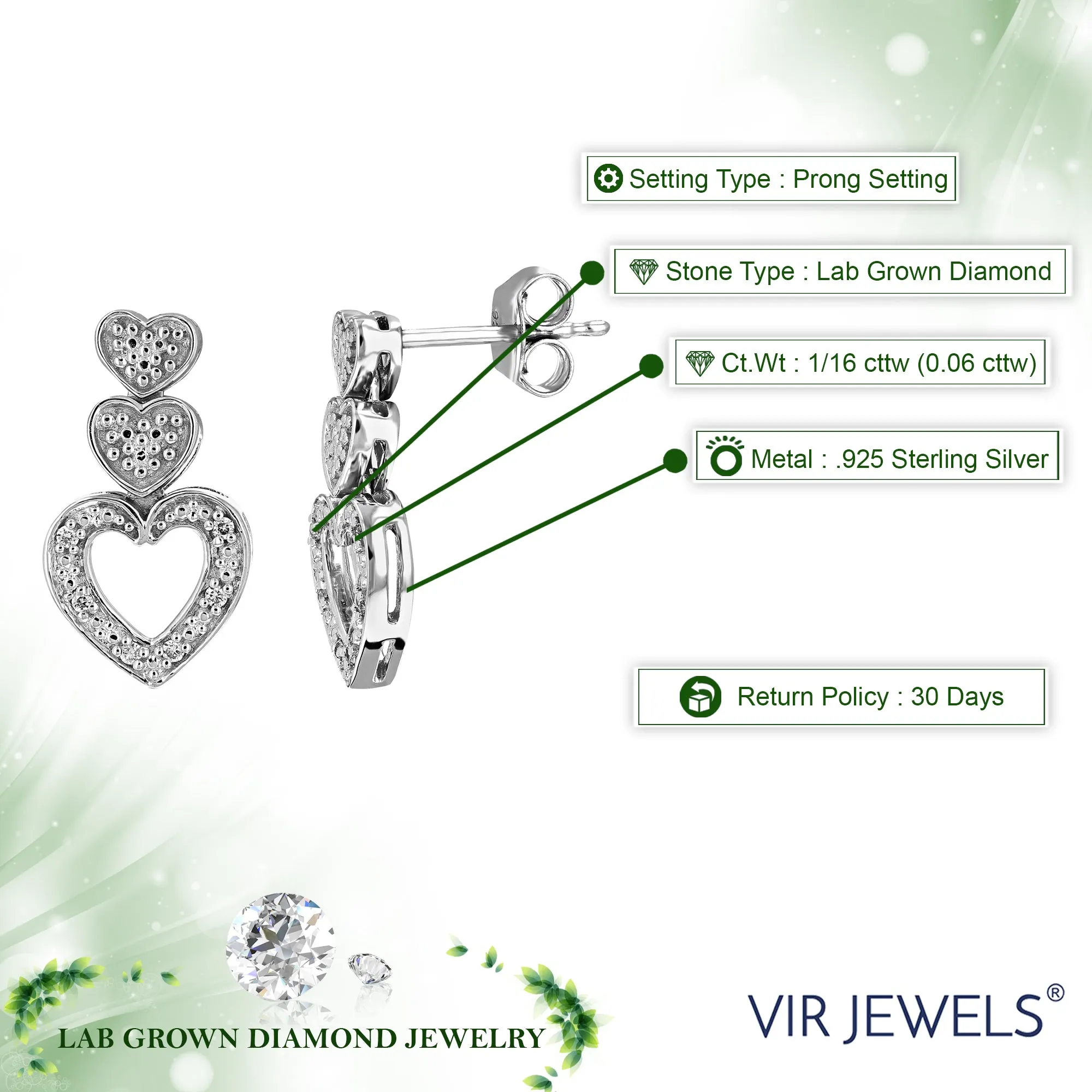 1/16 cttw Lab Diamond Three Hearts Dangle Earrings in Silver