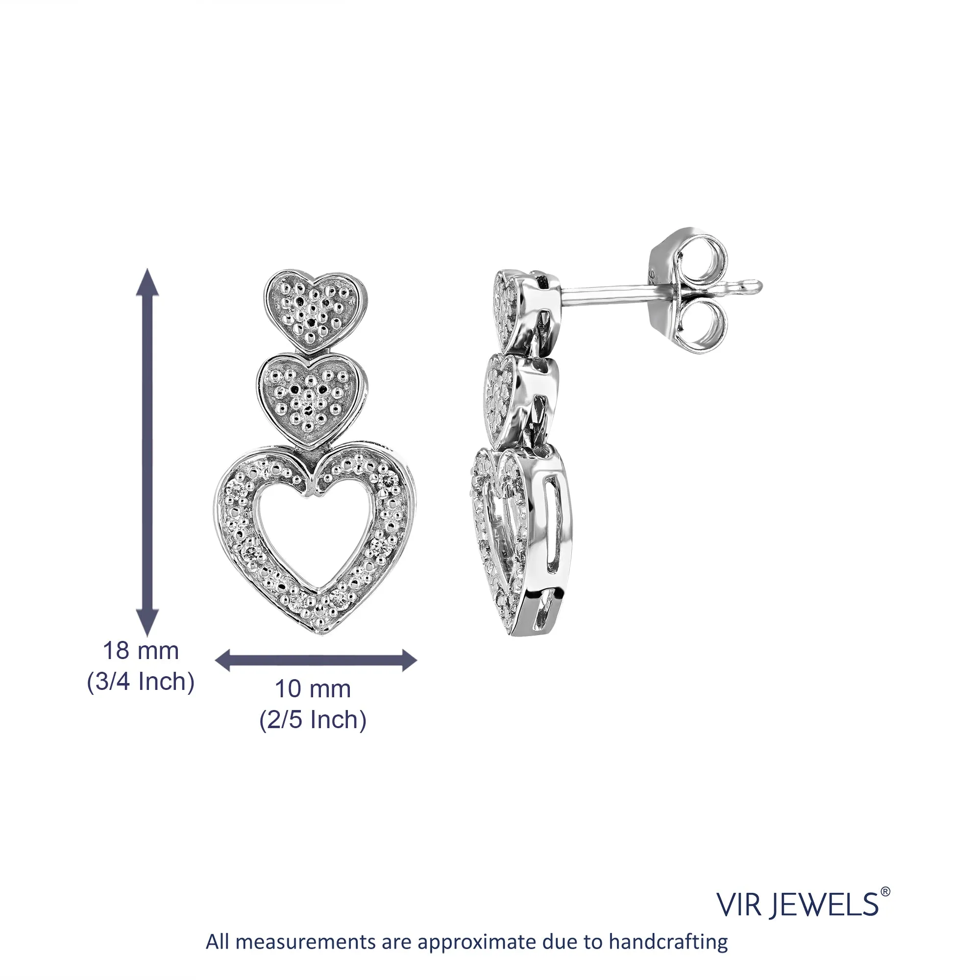 1/16 cttw Lab Diamond Three Hearts Dangle Earrings in Silver