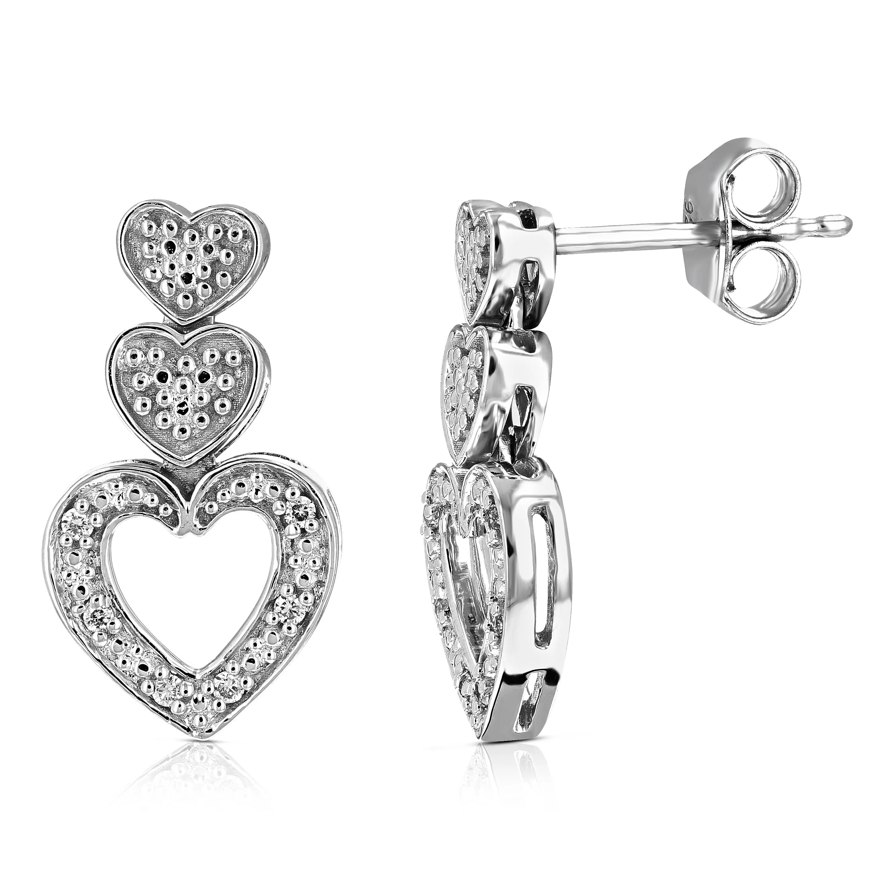 1/16 cttw Lab Diamond Three Hearts Dangle Earrings in Silver