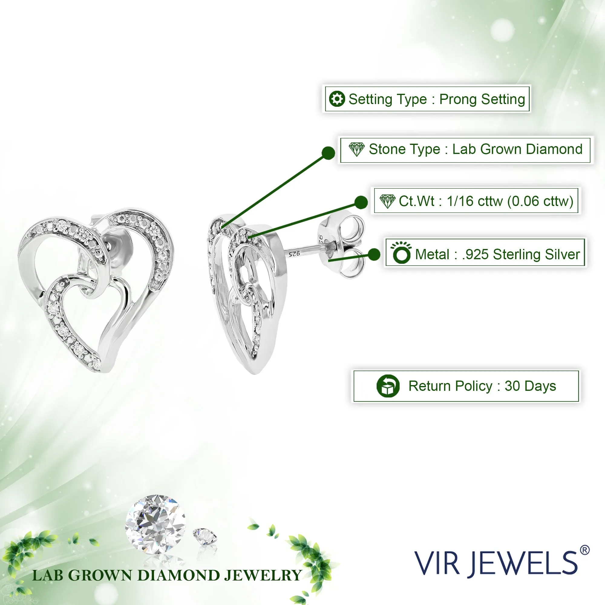 1/16 cttw Lab Grown Diamond Double Heart Dangle Earrings in Silver