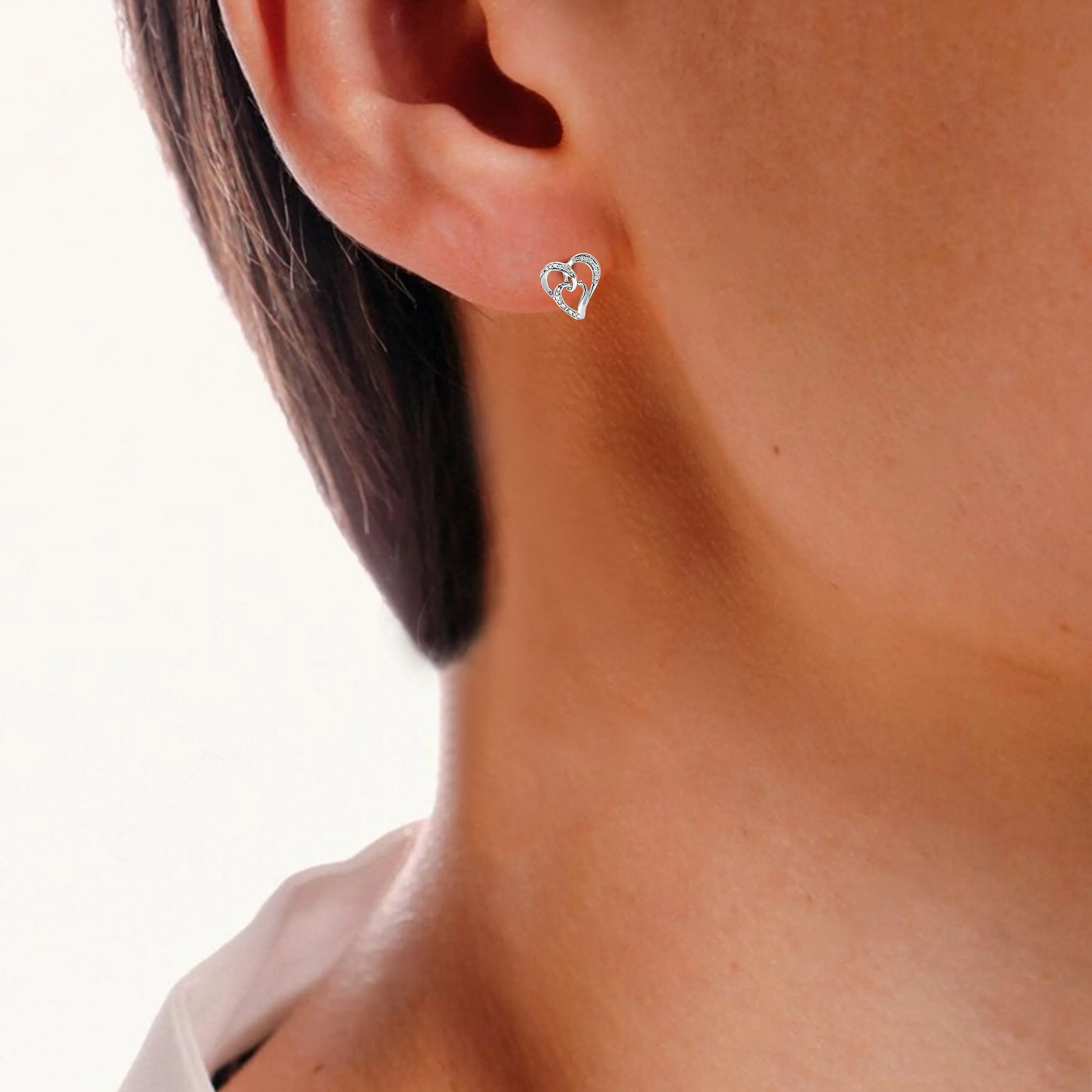 1/16 cttw Lab Grown Diamond Double Heart Dangle Earrings in Silver