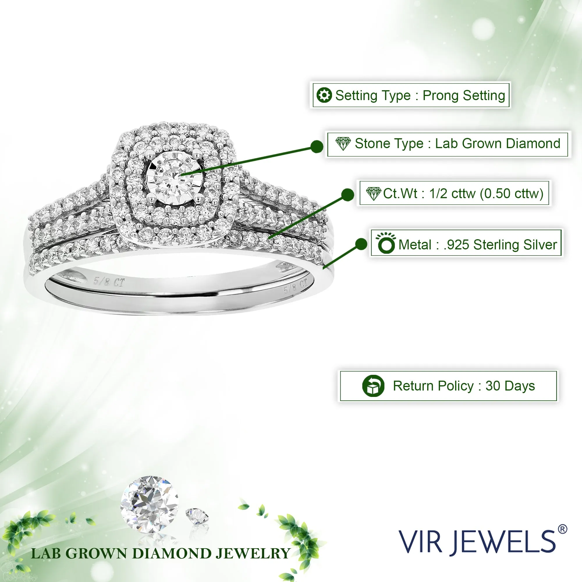 1/2 cttw Lab Grown Diamond Cushion Bridal Set in Sterling Silver