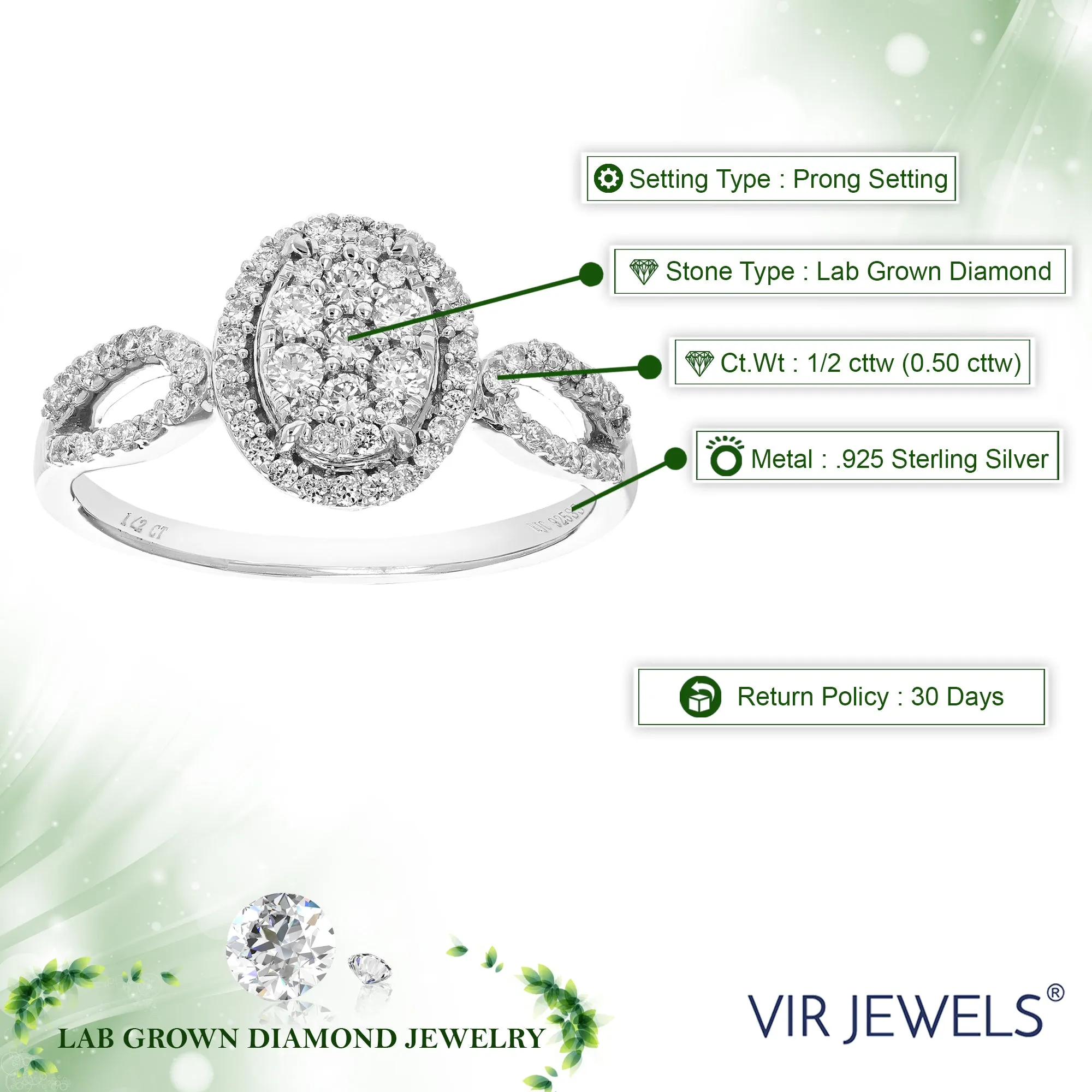 1/2 cttw Lab Grown Diamond Engagement Oval Ring Sterling Silver