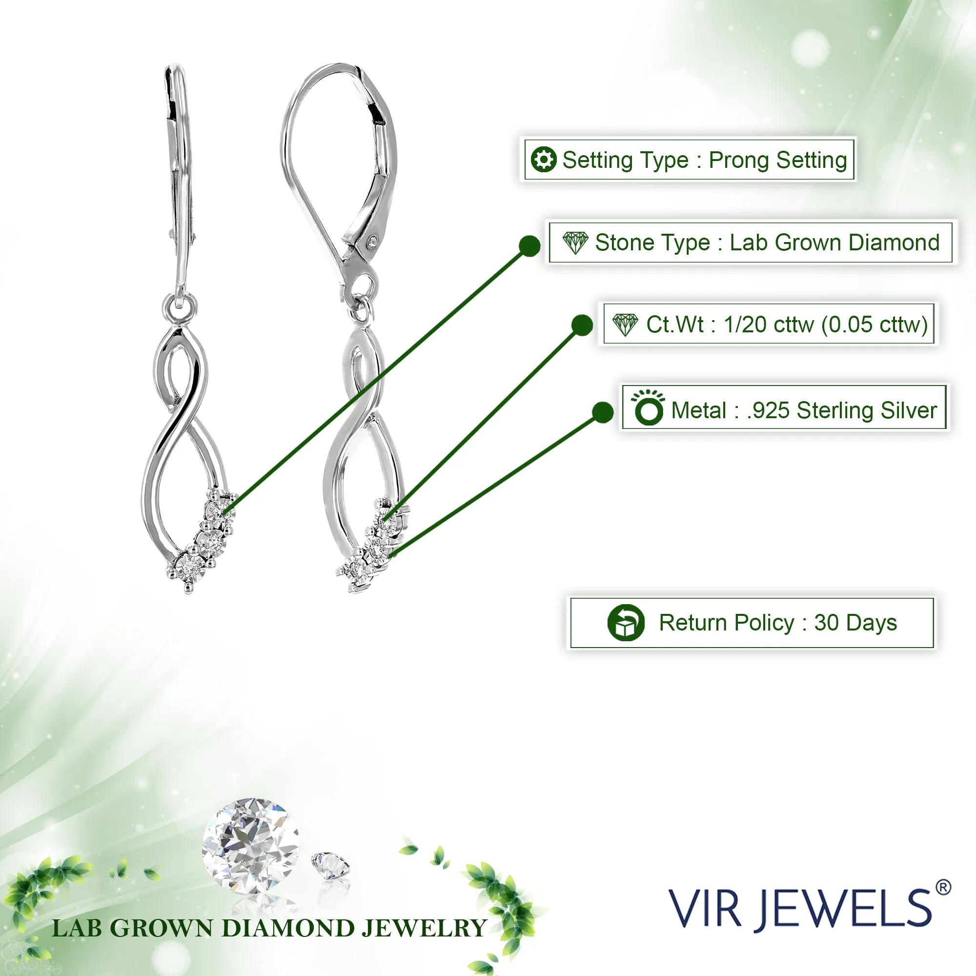 1/20 cttw Lab Grown Diamond Twisted Dangle Earrings in Silver