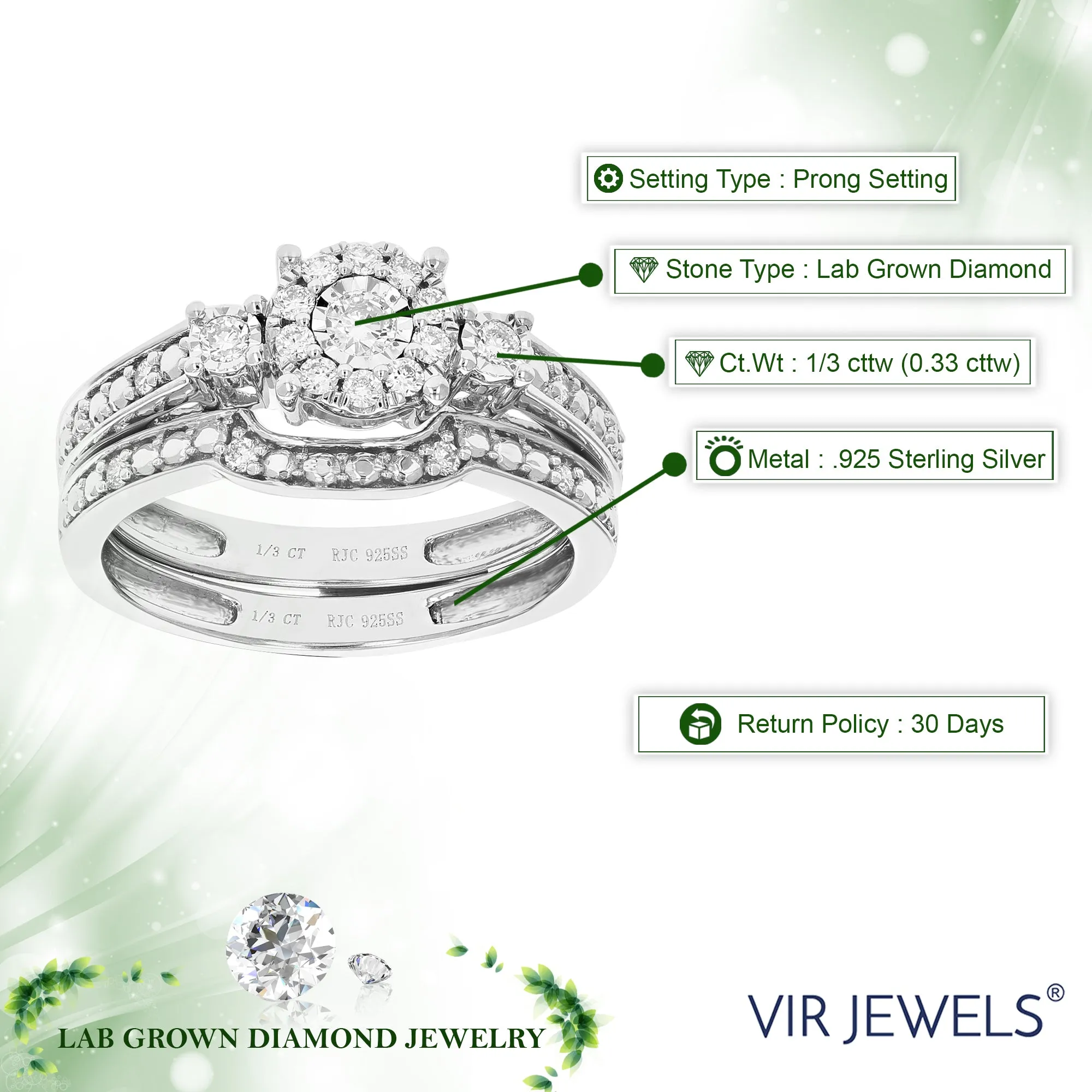1/3 cttw Lab Grown Diamond Three Stone Bridal Ring Set in Silver