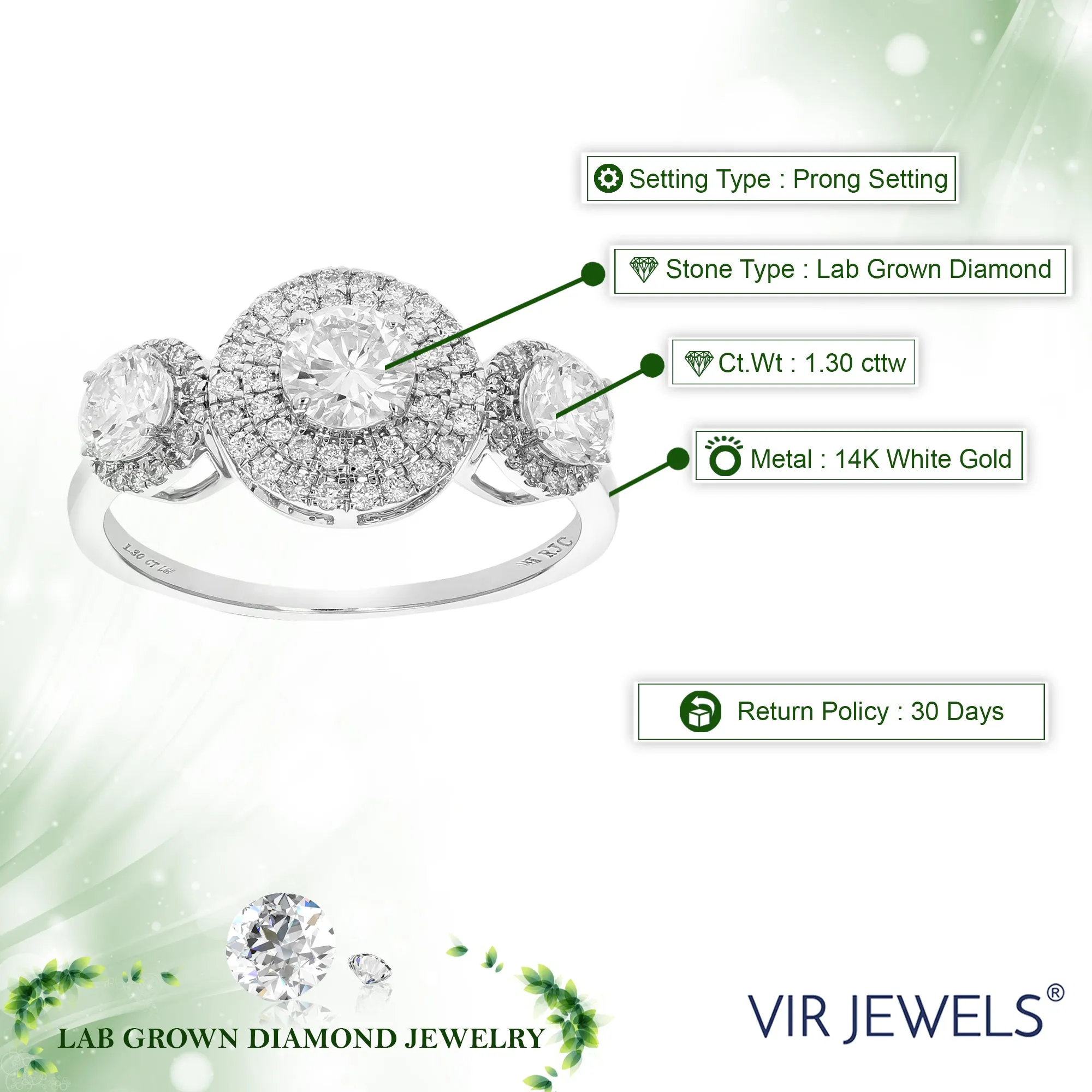 1.30 cttw Three Round Diamond Engagement Ring in 14K White Gold