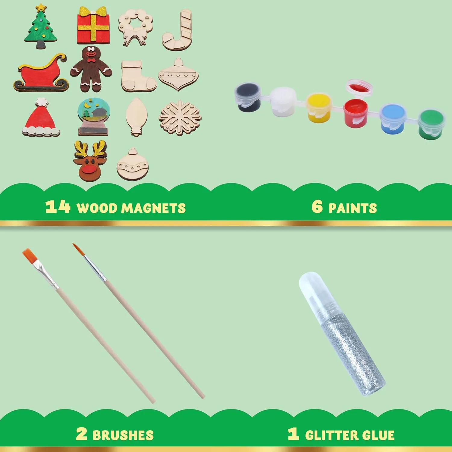 14 Christmas Wooden Magnet Creativity Arts & Crafts Painting Kit Decorate Your Own for Kids Paint Gift, Birthday Parties and Family Crafts, Holiday Stuffers (Silver)
