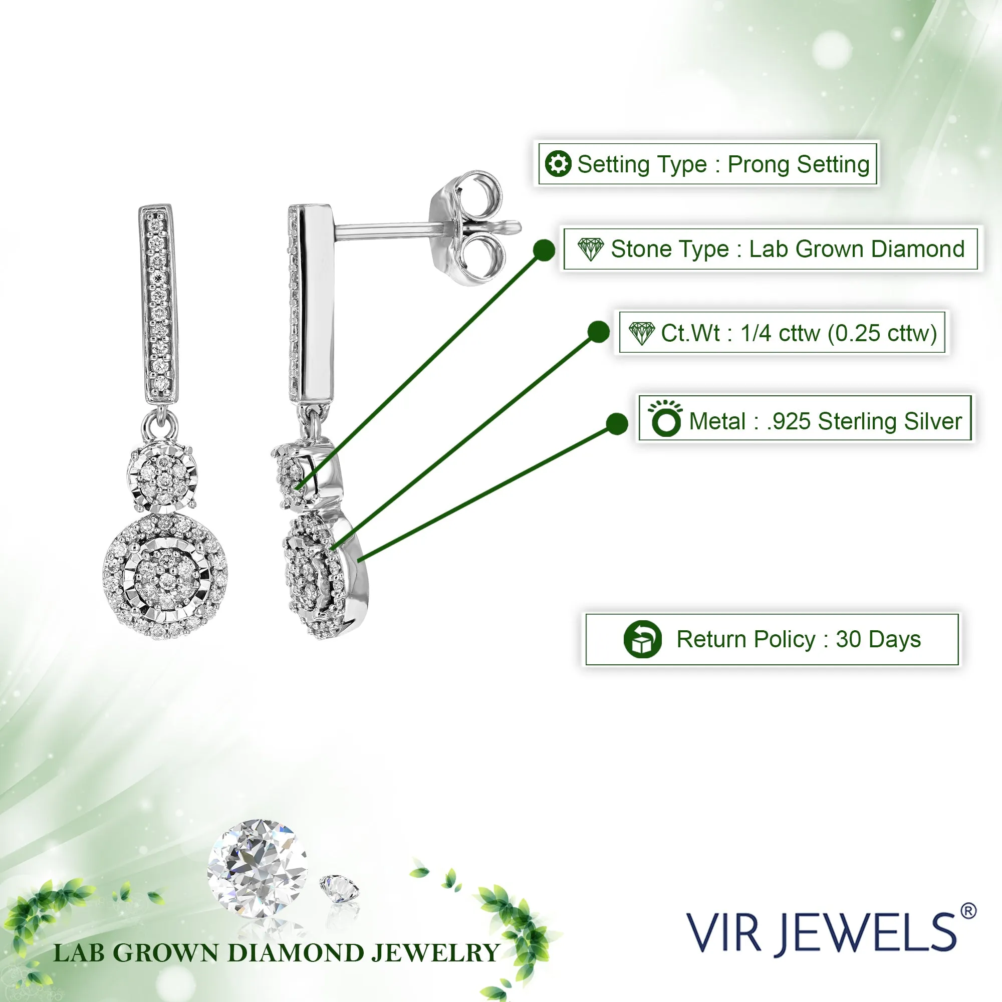 1/4 cttw Lab Grown Diamond Dangle Earrings in Sterling Silver