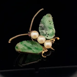 14K  YELLOW GOLD 3 PEARLS, RUBY EYE AND CARVED JADE "FEI CUI" TRANSLUCENT BUTTERFLY , COLOR MOTTLED GREEN , SPECIES : JADEITE JADE AND TYPE  A AND 10.71 GRAMS