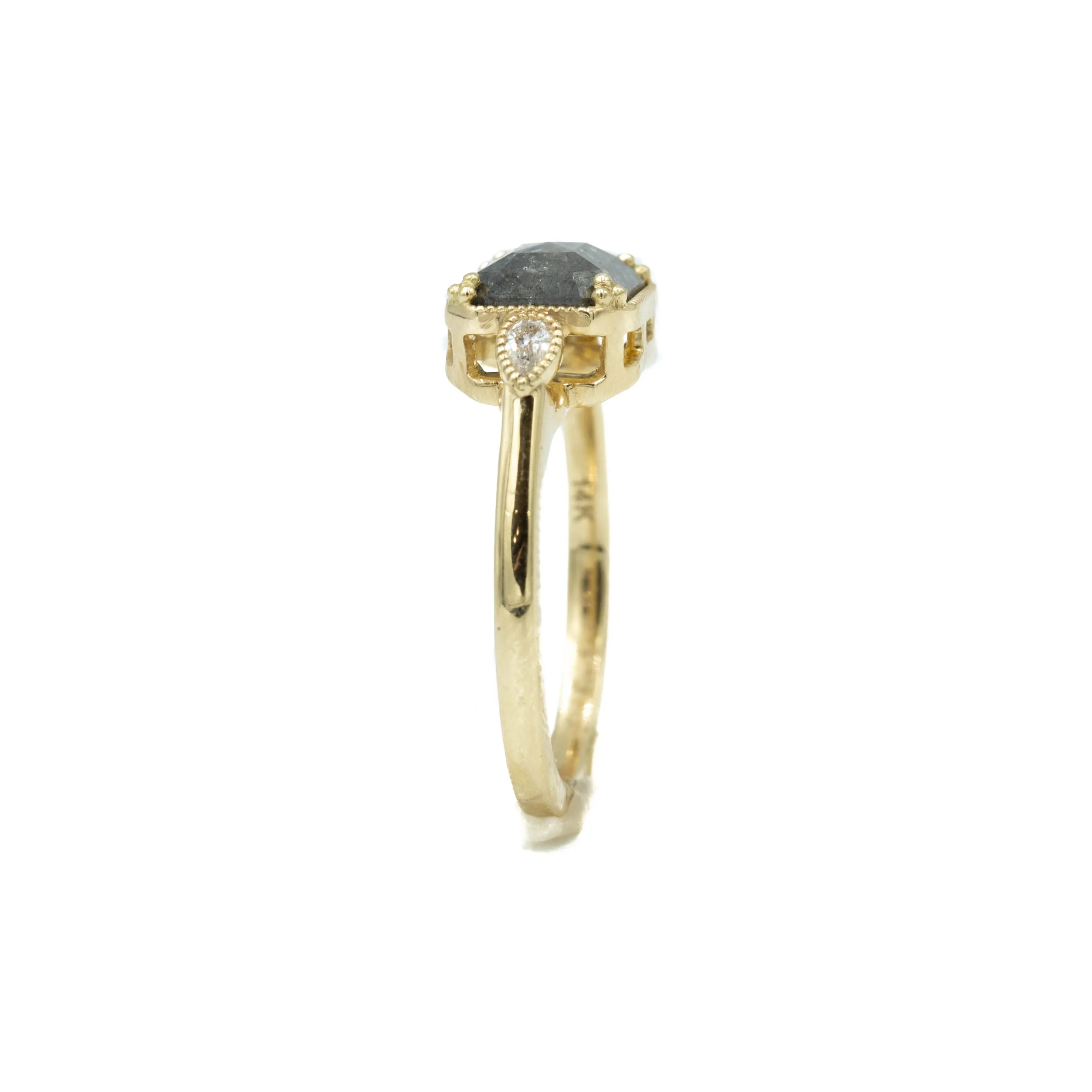 14ky 1.67ct Emerald Salt & Pepper with Pear Accents and Beading Diamond Ring