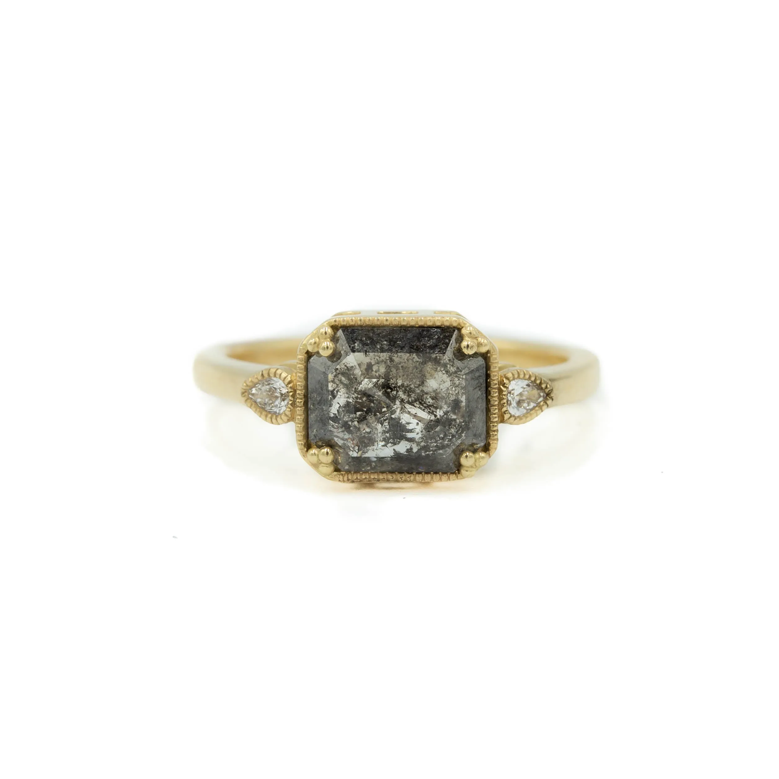 14ky 1.67ct Emerald Salt & Pepper with Pear Accents and Beading Diamond Ring