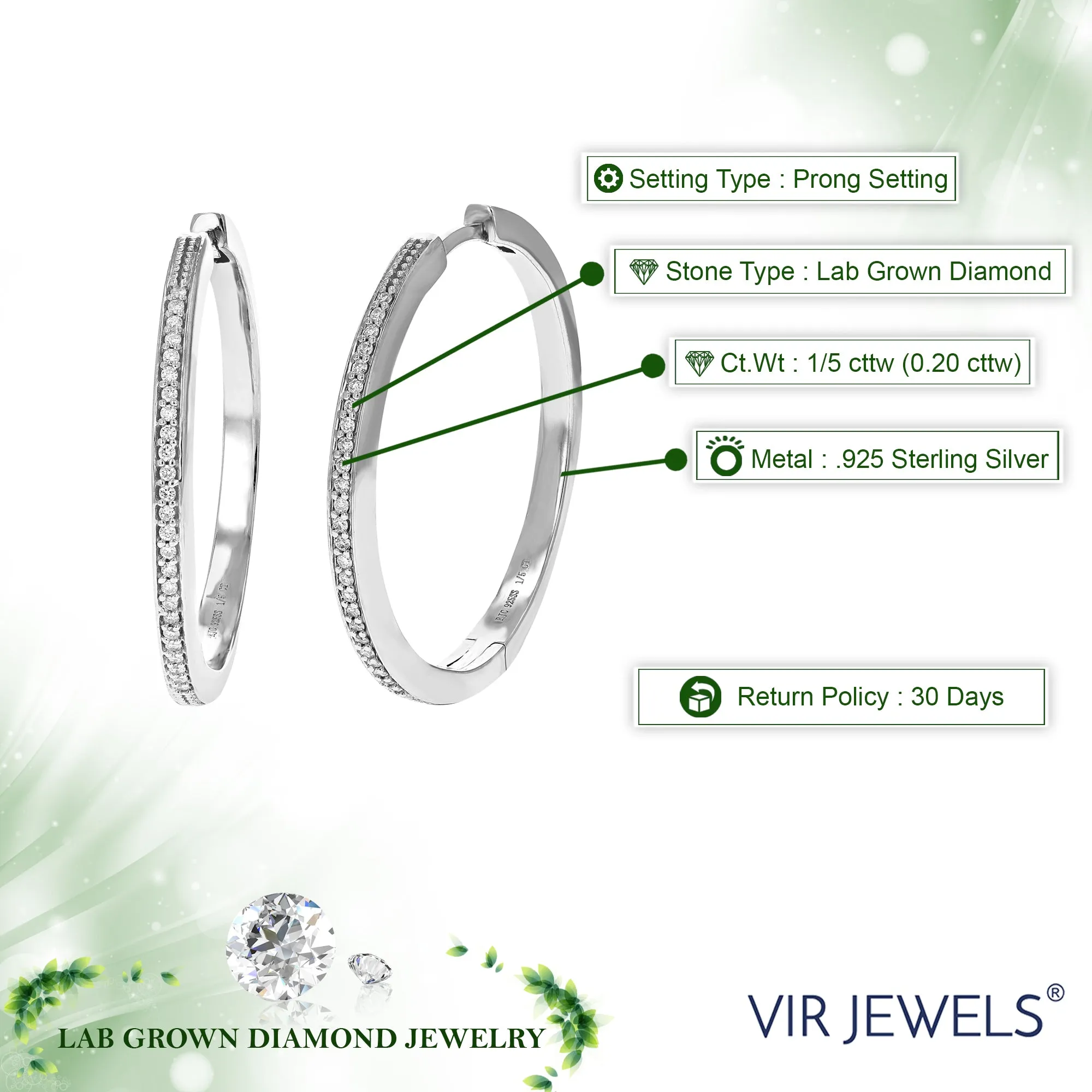 1/5 cttw Lab Grown Diamond Pave Hoop Earrings in Sterling Silver