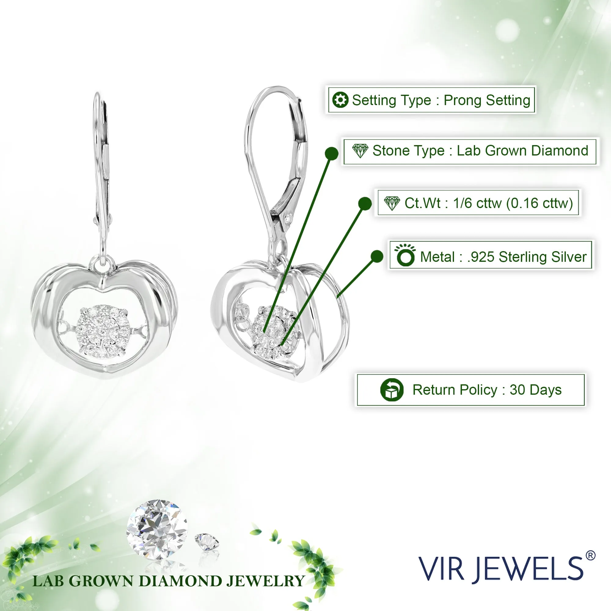 1/6 cttw Lab Grown Diamond Floating Heart Dangle Earrings in Silver