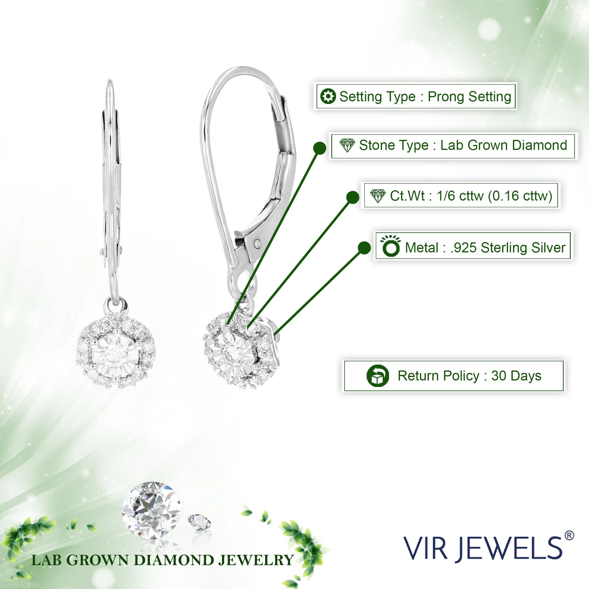 1/6 cttw Lab Grown Diamond Round Dangle Earrings in Sterling Silver