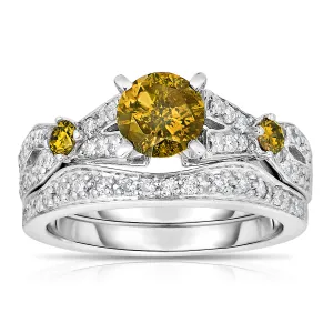 1.60 cttw Yellow and White Diamond Ring Set in 14K White Gold
