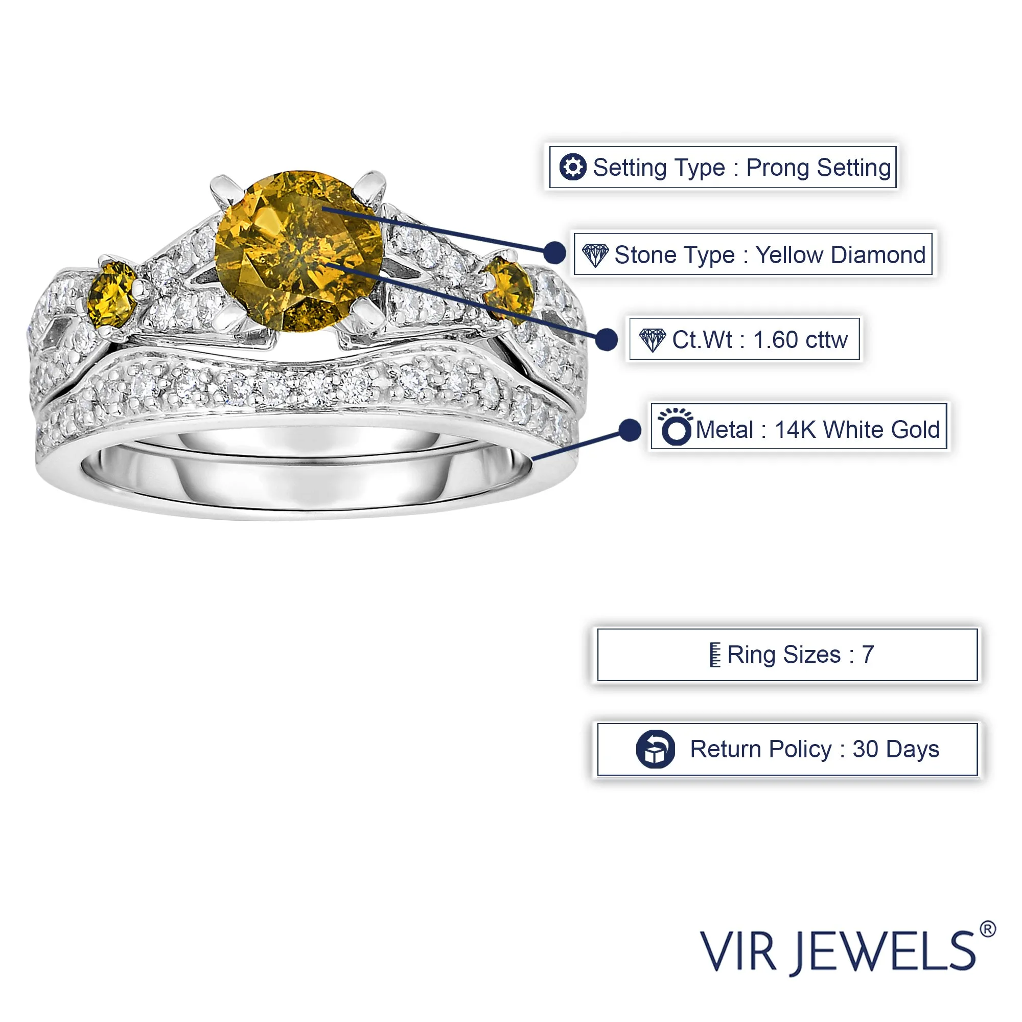 1.60 cttw Yellow and White Diamond Ring Set in 14K White Gold