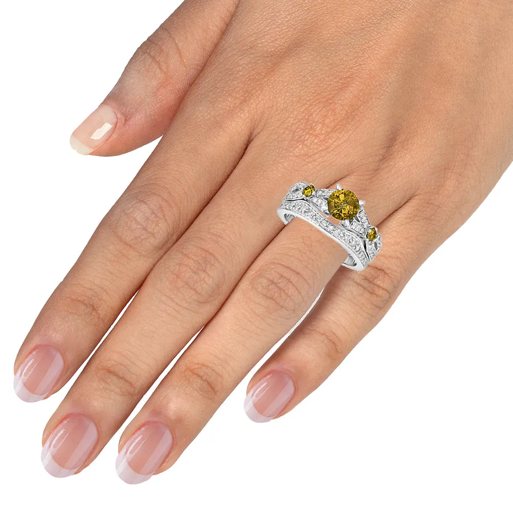 1.60 cttw Yellow and White Diamond Ring Set in 14K White Gold