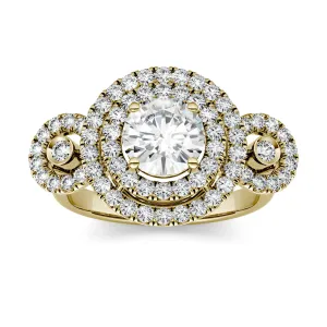1.69 CTW DEW Round Moissanite Double Halo Three-Stone Engagement Ring in 14K Yellow Gold