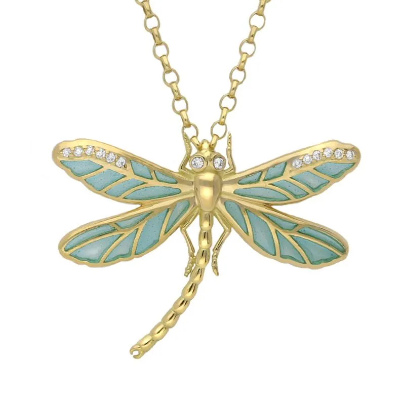 18ct Yellow Gold Diamond Blue Enamel Style & Fashion Dragonfly Necklace