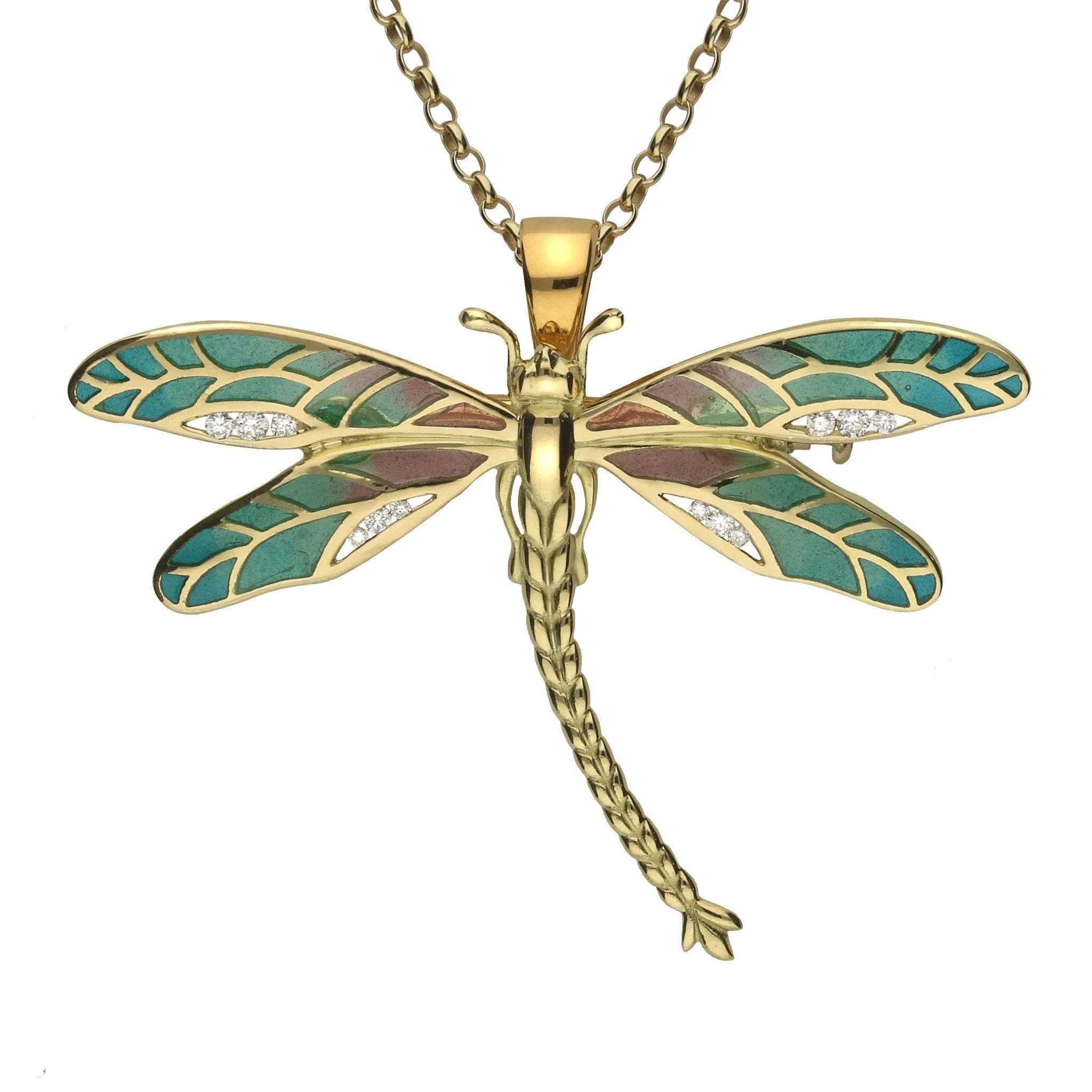 18ct Yellow Gold Diamond Enamel Style & Fashion Dragonfly Brooch Necklace