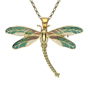 18ct Yellow Gold Diamond Enamel Style & Fashion Dragonfly Brooch Necklace