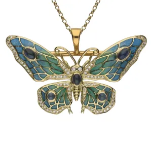 18ct Yellow Gold Diamond Moonstone Enamel Style & Fashion Butterfly Brooch Necklace