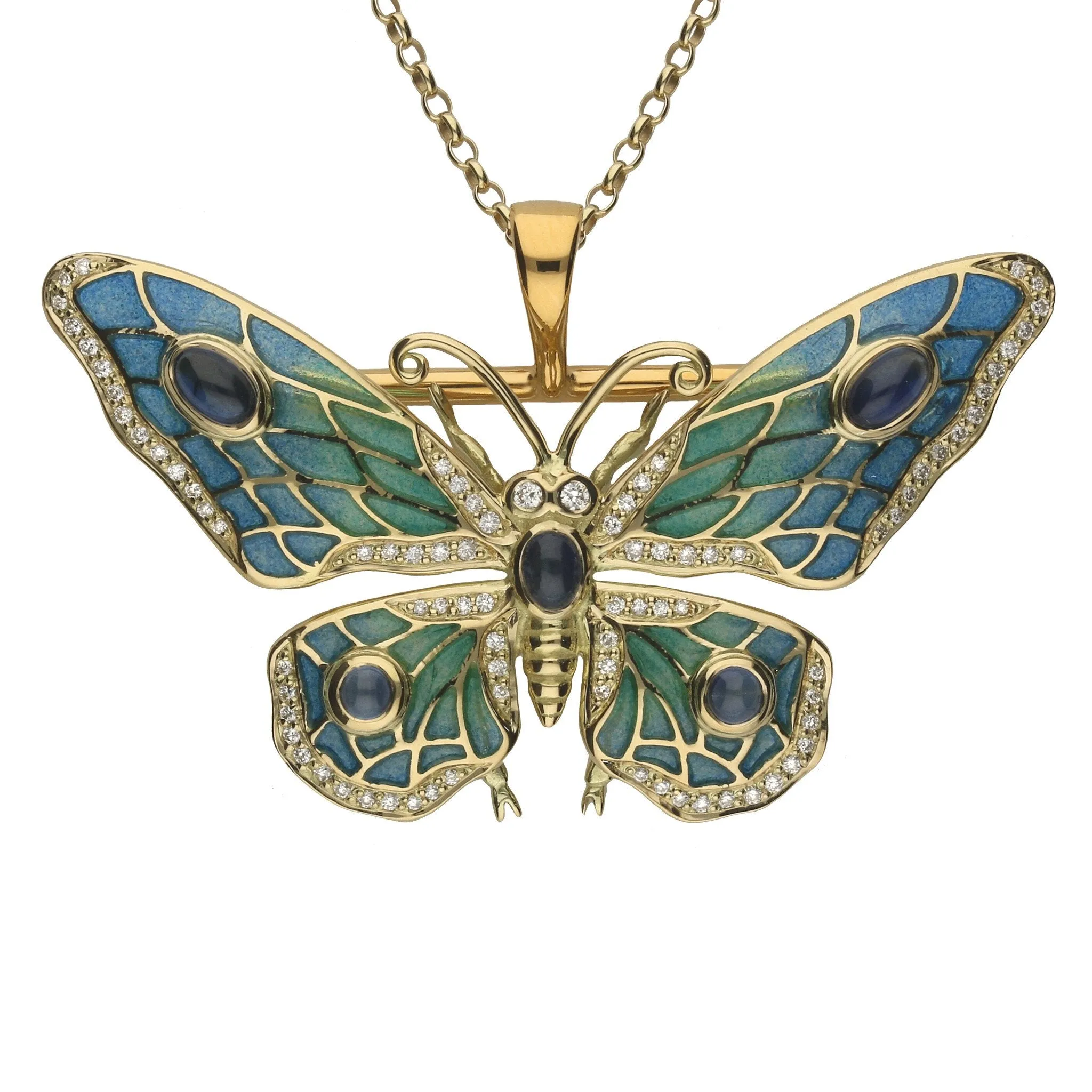 18ct Yellow Gold Diamond Moonstone Enamel Style & Fashion Butterfly Brooch Necklace