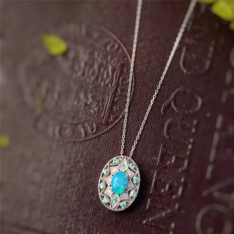 18K Gold Oval Cut Natural Opal Diamond Paraiba Exquisite Pendant Necklace