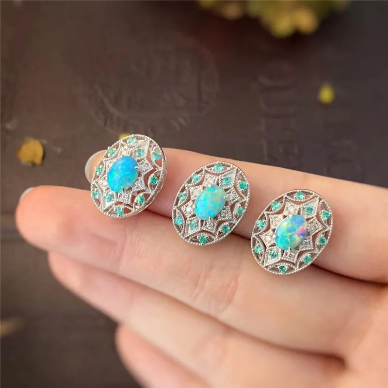 18K Gold Oval Cut Natural Opal Diamond Paraiba Exquisite Pendant Necklace