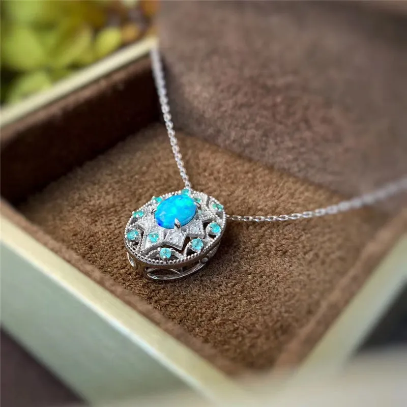18K Gold Oval Cut Natural Opal Diamond Paraiba Exquisite Pendant Necklace