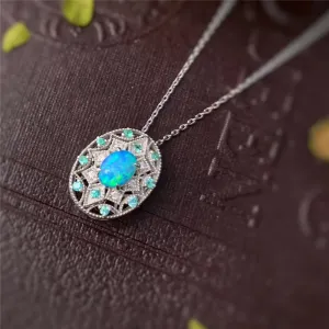 18K Gold Oval Cut Natural Opal Diamond Paraiba Exquisite Pendant Necklace