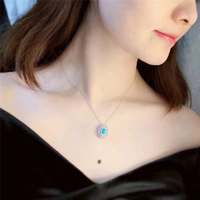 18K Gold Oval Cut Natural Opal Diamond Paraiba Exquisite Pendant Necklace