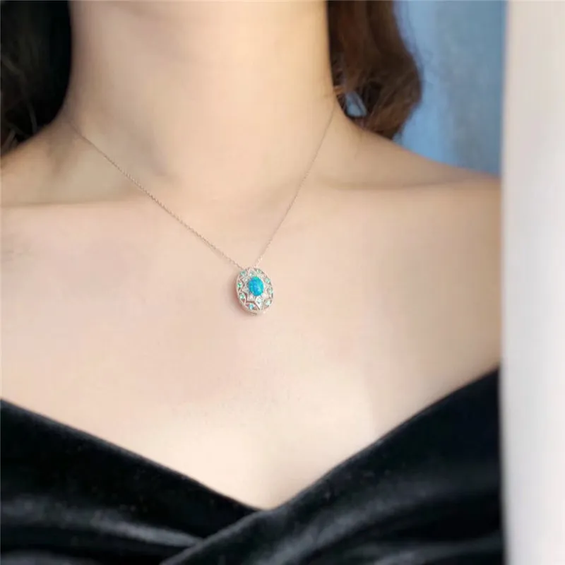 18K Gold Oval Cut Natural Opal Diamond Paraiba Exquisite Pendant Necklace
