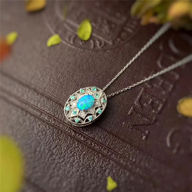 18K Gold Oval Cut Natural Opal Diamond Paraiba Exquisite Pendant Necklace
