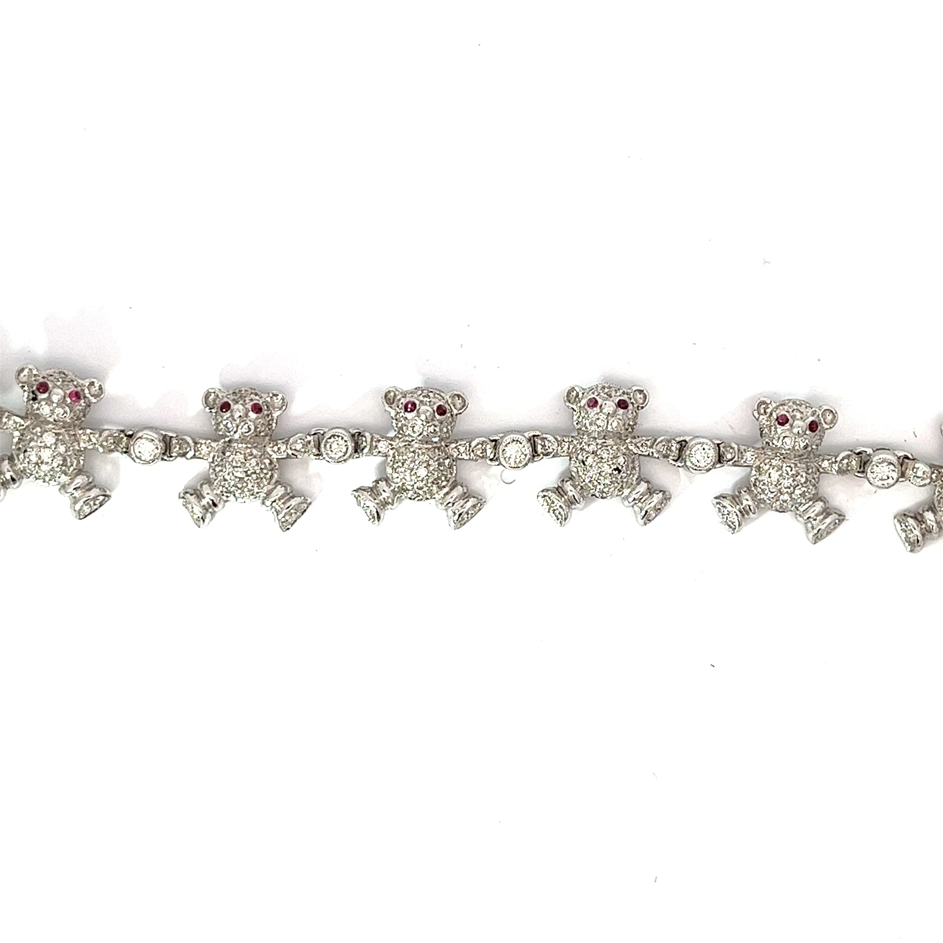 18k White Gold 4.30ct F VS2 Round Diamond and .30ct Round Ruby Teddy Bear Diamond Bracelet