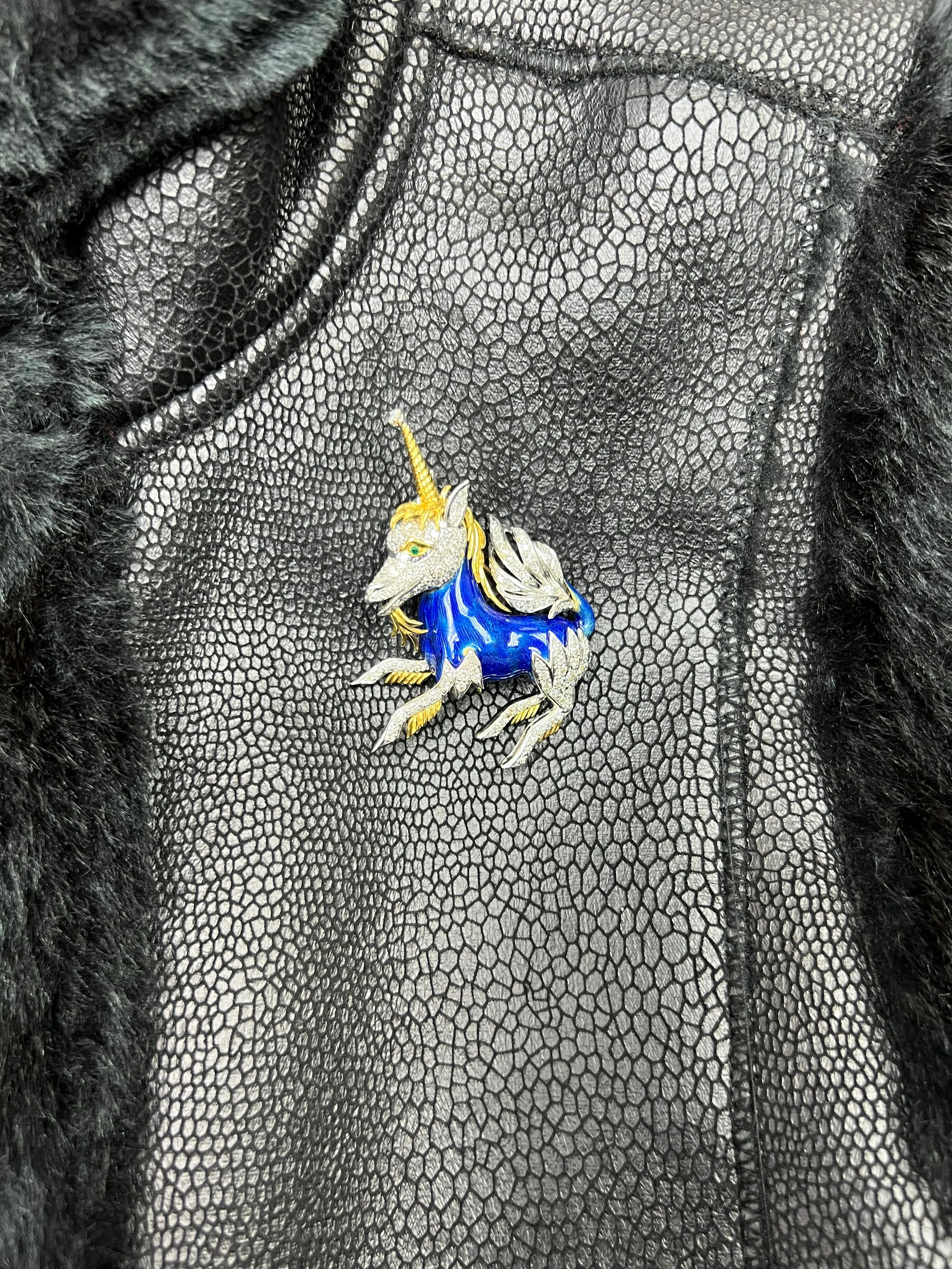 1970s Unicorn Enamel Diamond 18k Yellow Gold Brooch