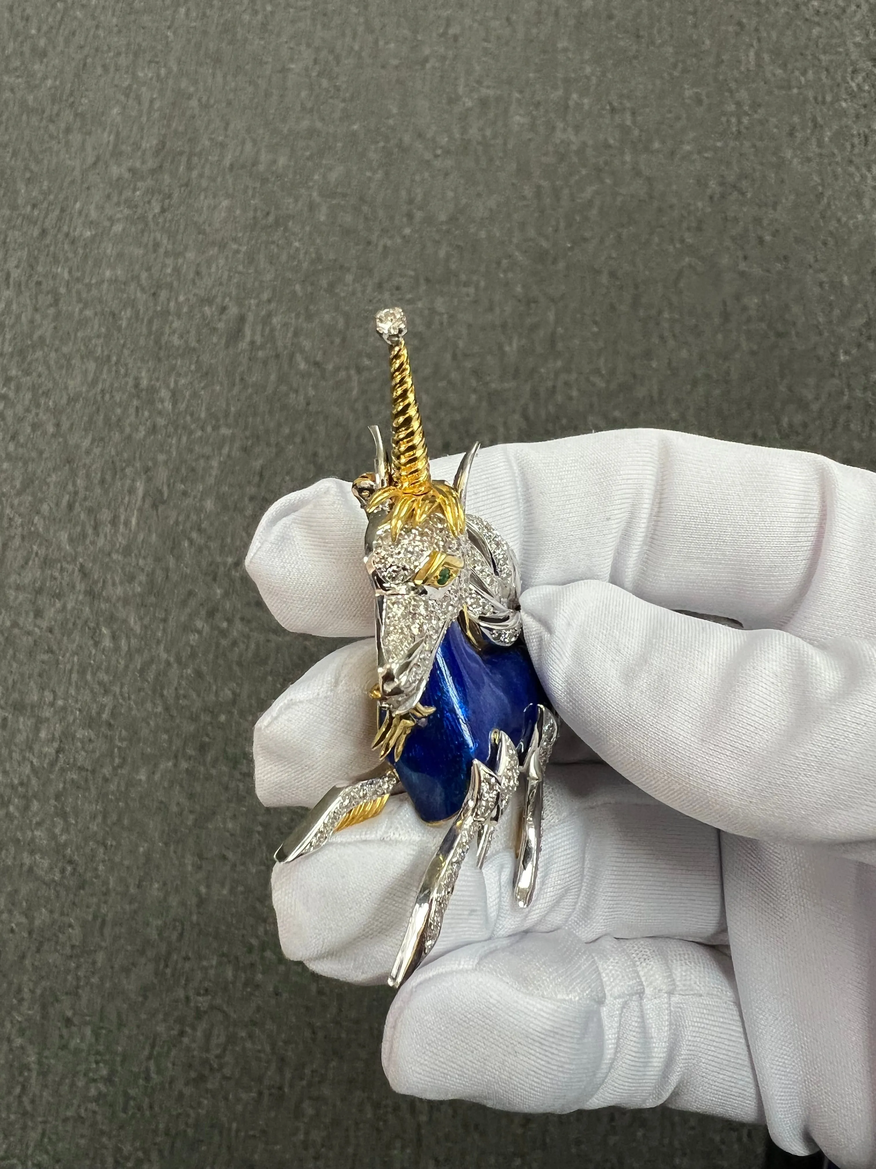 1970s Unicorn Enamel Diamond 18k Yellow Gold Brooch