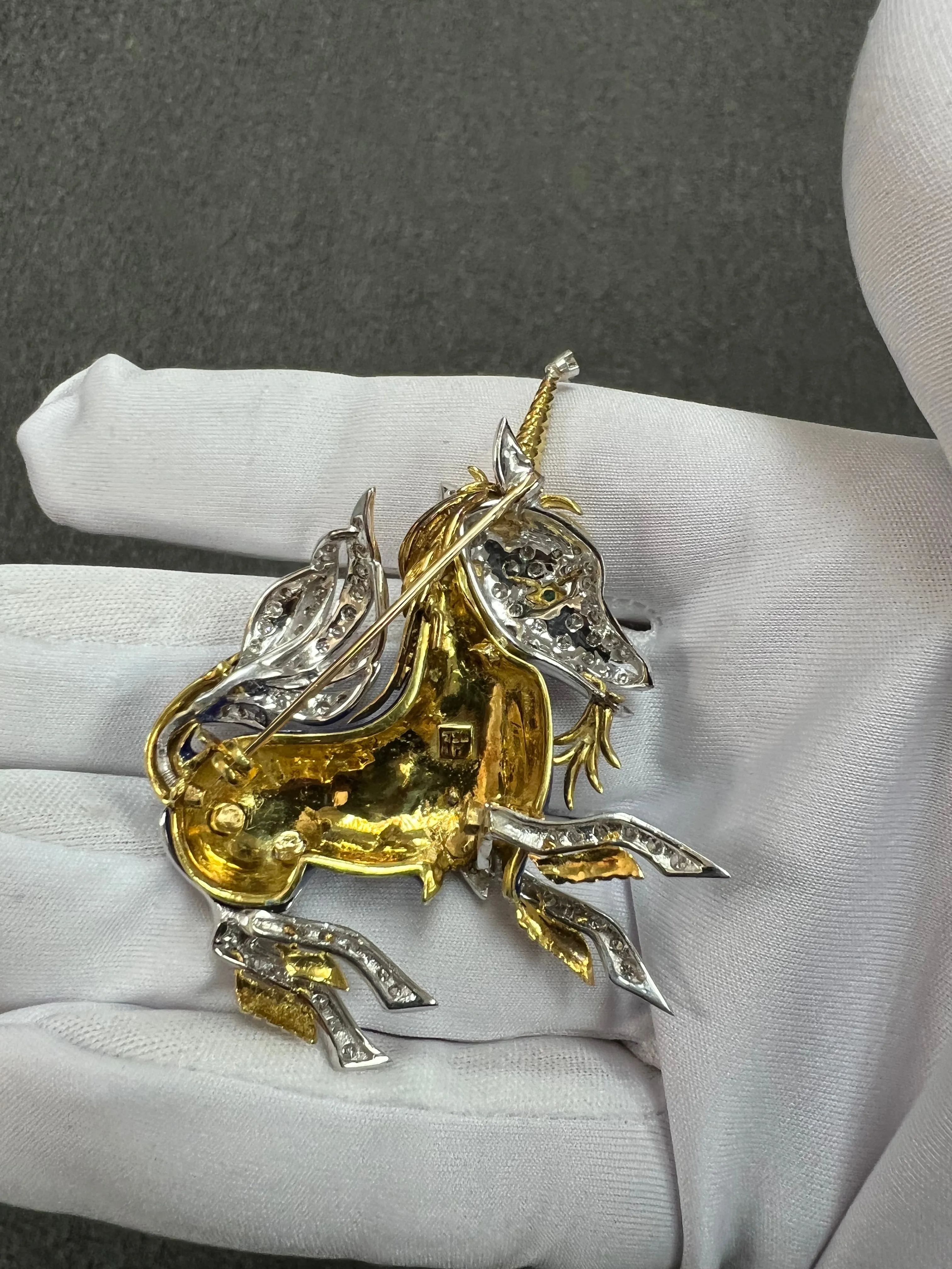 1970s Unicorn Enamel Diamond 18k Yellow Gold Brooch