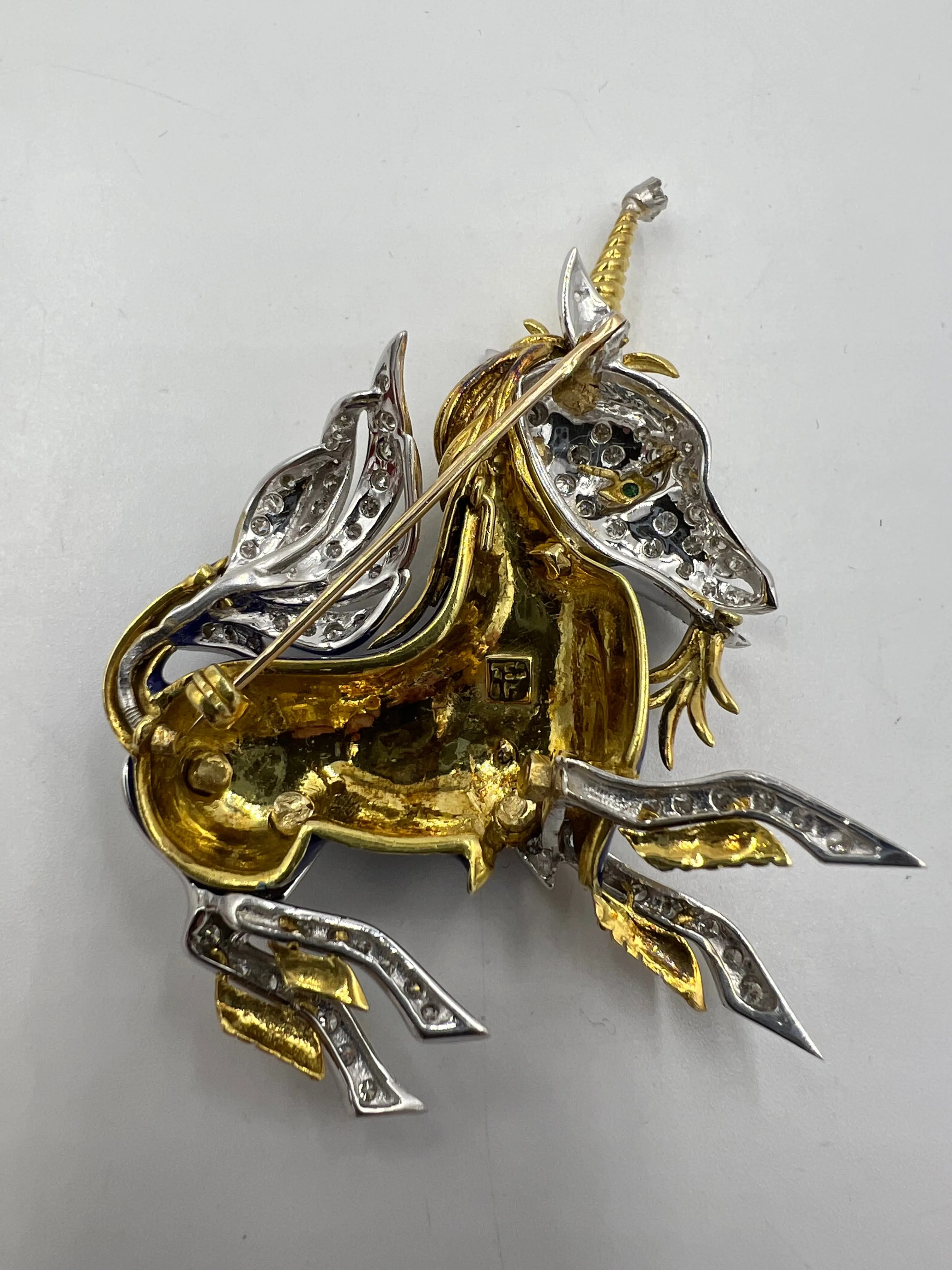 1970s Unicorn Enamel Diamond 18k Yellow Gold Brooch