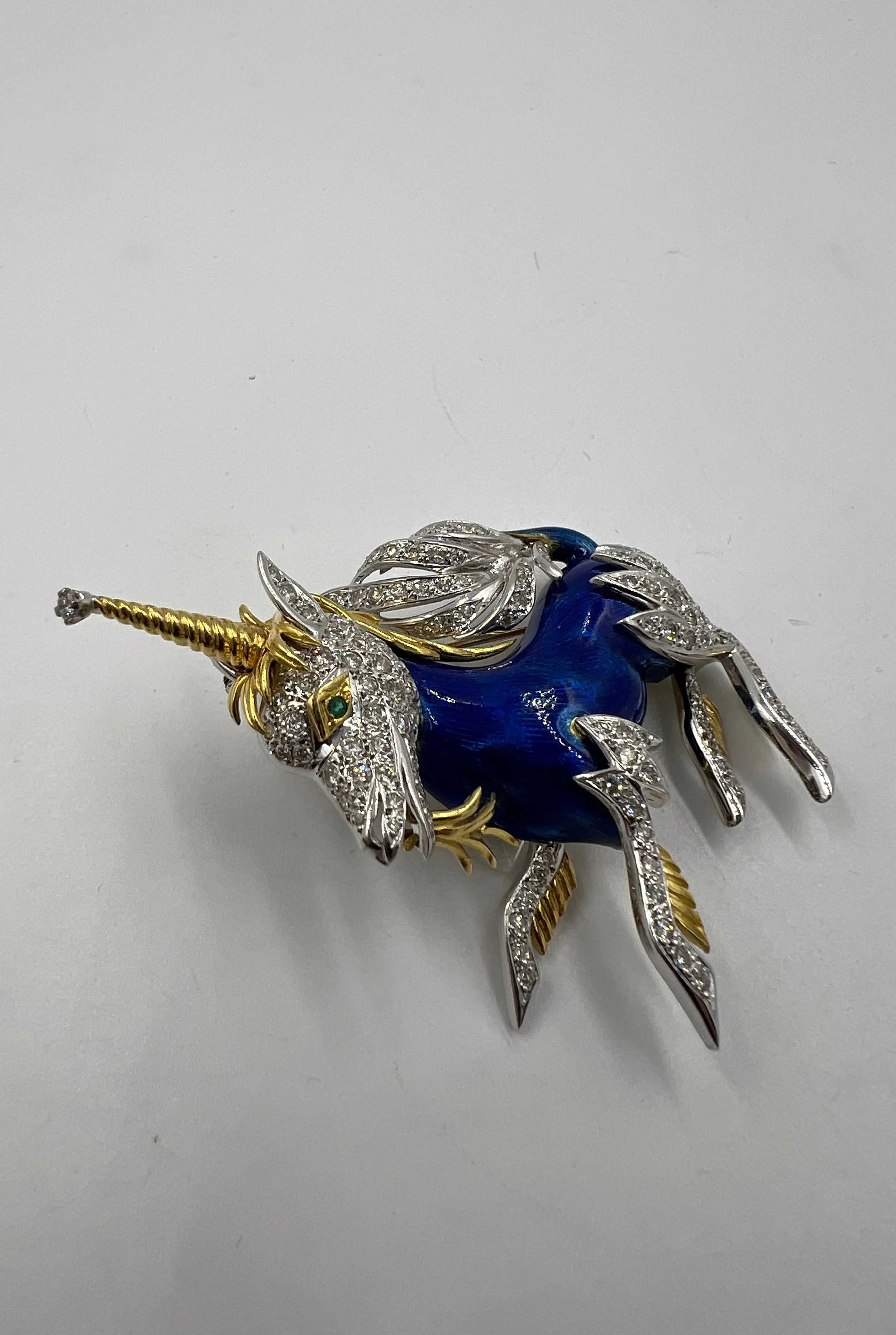 1970s Unicorn Enamel Diamond 18k Yellow Gold Brooch