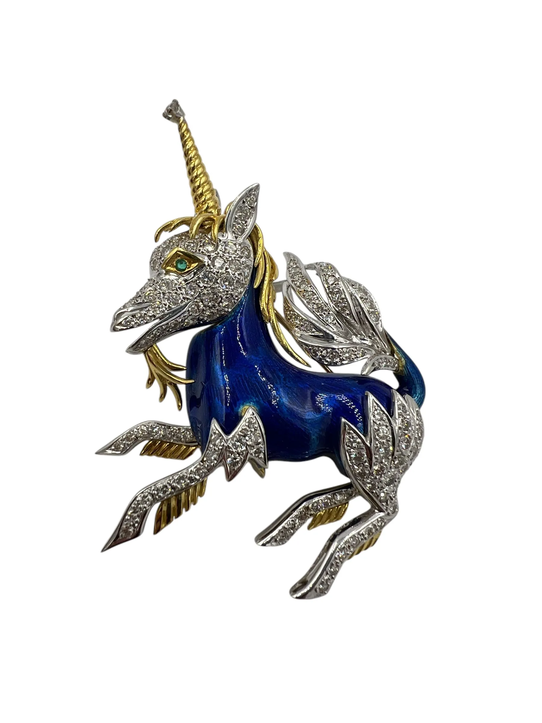 1970s Unicorn Enamel Diamond 18k Yellow Gold Brooch